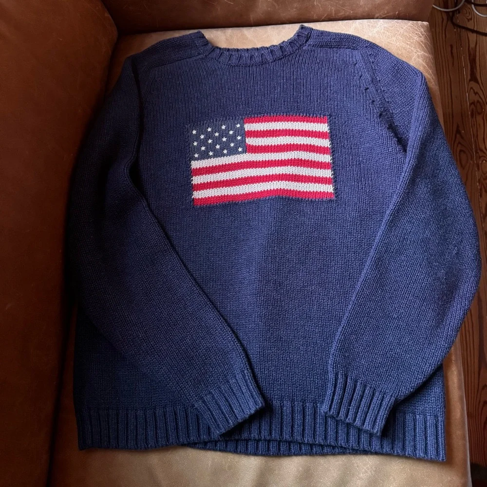 Land’s End Vintage USA Flag Motif Blue Crewneck 100% cotton Sweater 4th of July - Picture 1 of 10